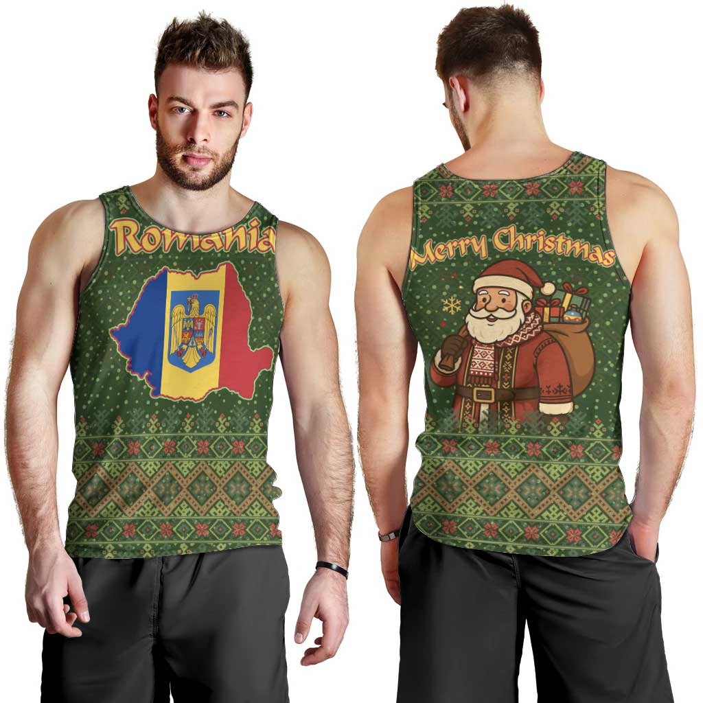 Romania Christmas Men Tank Top with Map Tricolor Flag Golden Eagle and Santa Motif - Wonder Print Shop
