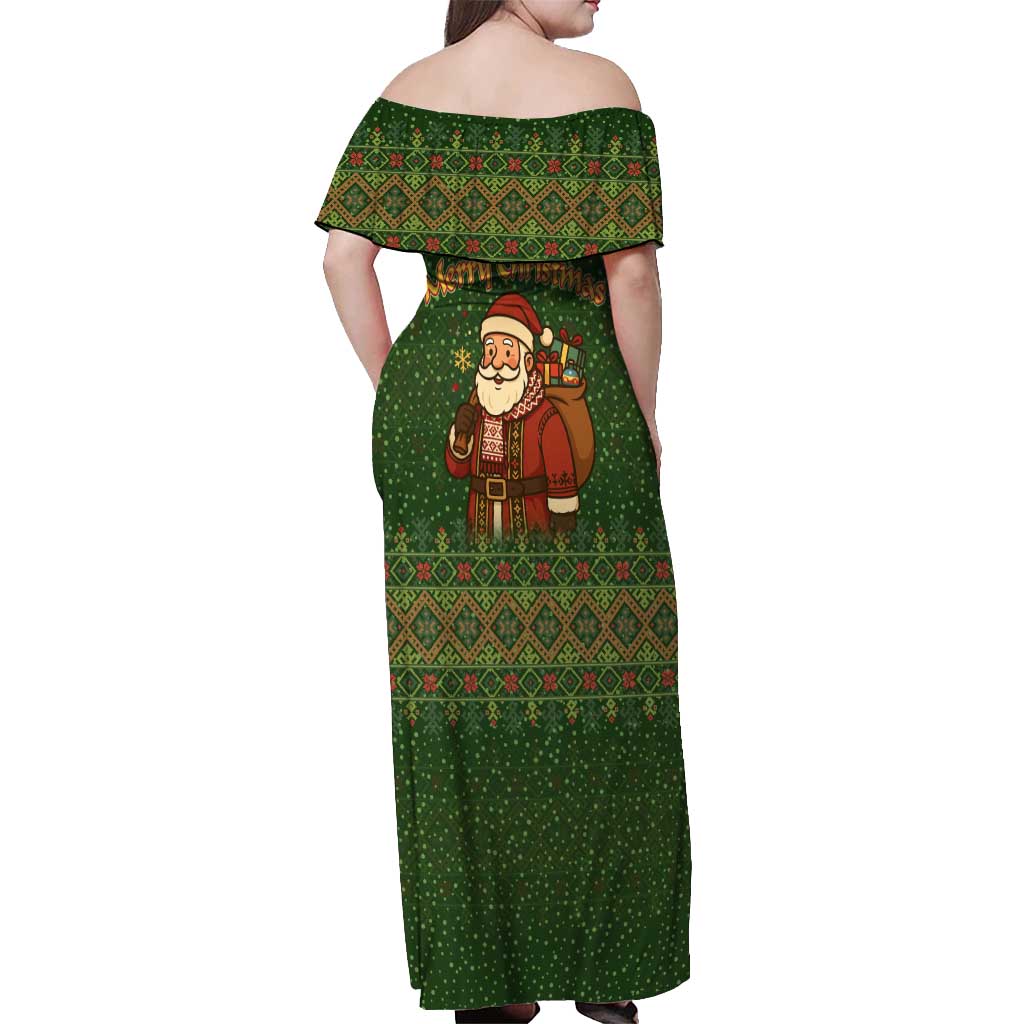 Romania Christmas Off Shoulder Maxi Dress with Map Tricolor Flag Golden Eagle and Santa Motif - Wonder Print Shop