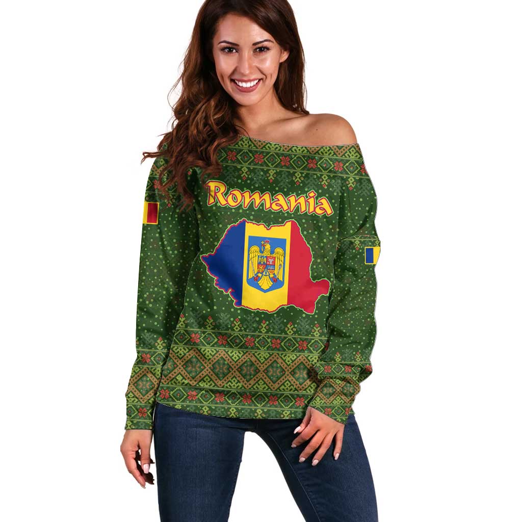 Romania Christmas Off Shoulder Sweater with Map Tricolor Flag Golden Eagle and Santa Motif - Wonder Print Shop
