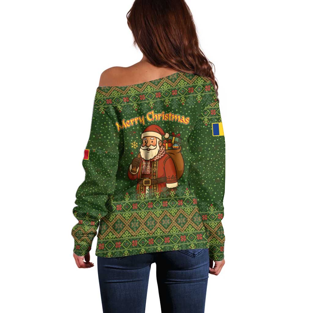Romania Christmas Off Shoulder Sweater with Map Tricolor Flag Golden Eagle and Santa Motif - Wonder Print Shop