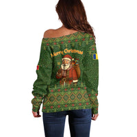Romania Christmas Off Shoulder Sweater with Map Tricolor Flag Golden Eagle and Santa Motif - Wonder Print Shop