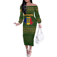 Romania Christmas Off The Shoulder Long Sleeve Dress with Map Tricolor Flag Golden Eagle and Santa Motif - Wonder Print Shop