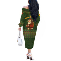 Romania Christmas Off The Shoulder Long Sleeve Dress with Map Tricolor Flag Golden Eagle and Santa Motif - Wonder Print Shop