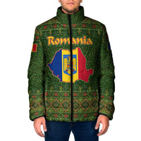 Romania Christmas Padded Jacket with Map Tricolor Flag Golden Eagle and Santa Motif - Wonder Print Shop