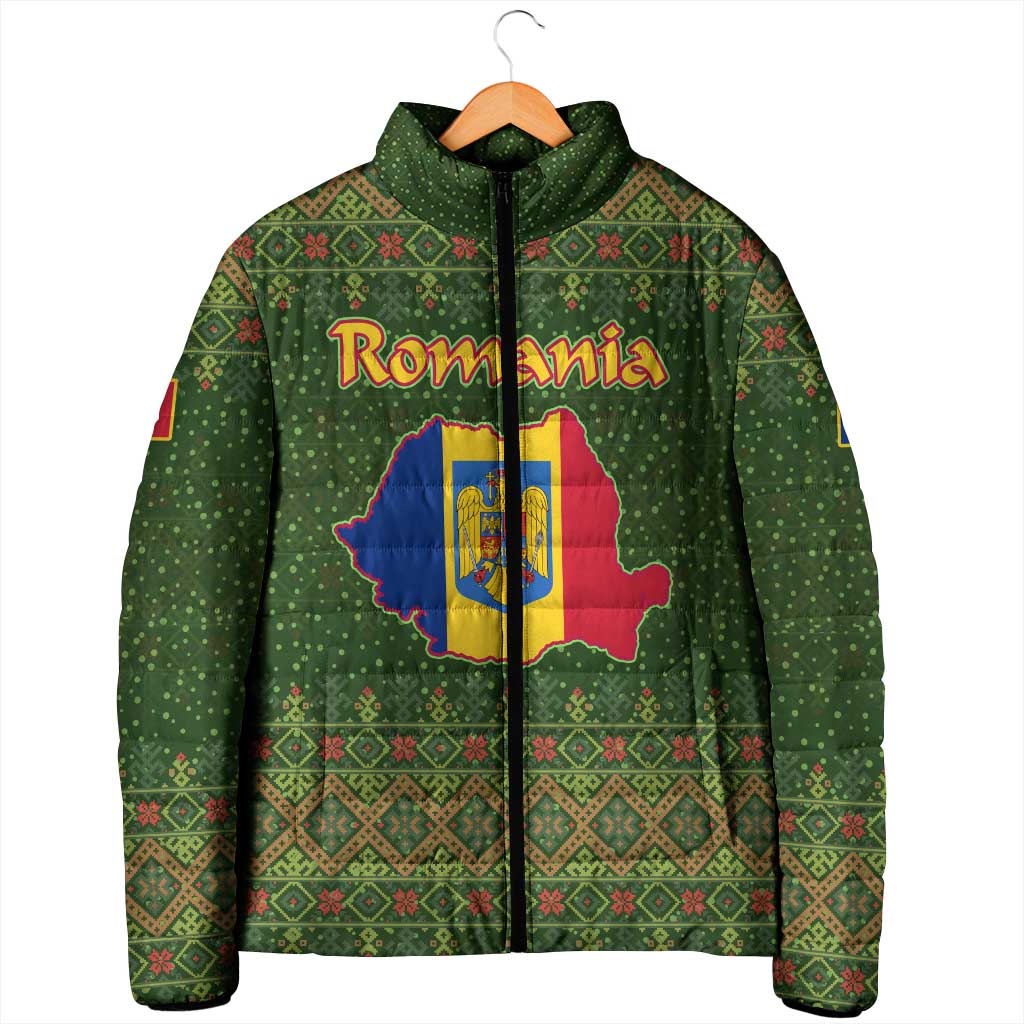 Romania Christmas Padded Jacket with Map Tricolor Flag Golden Eagle and Santa Motif - Wonder Print Shop