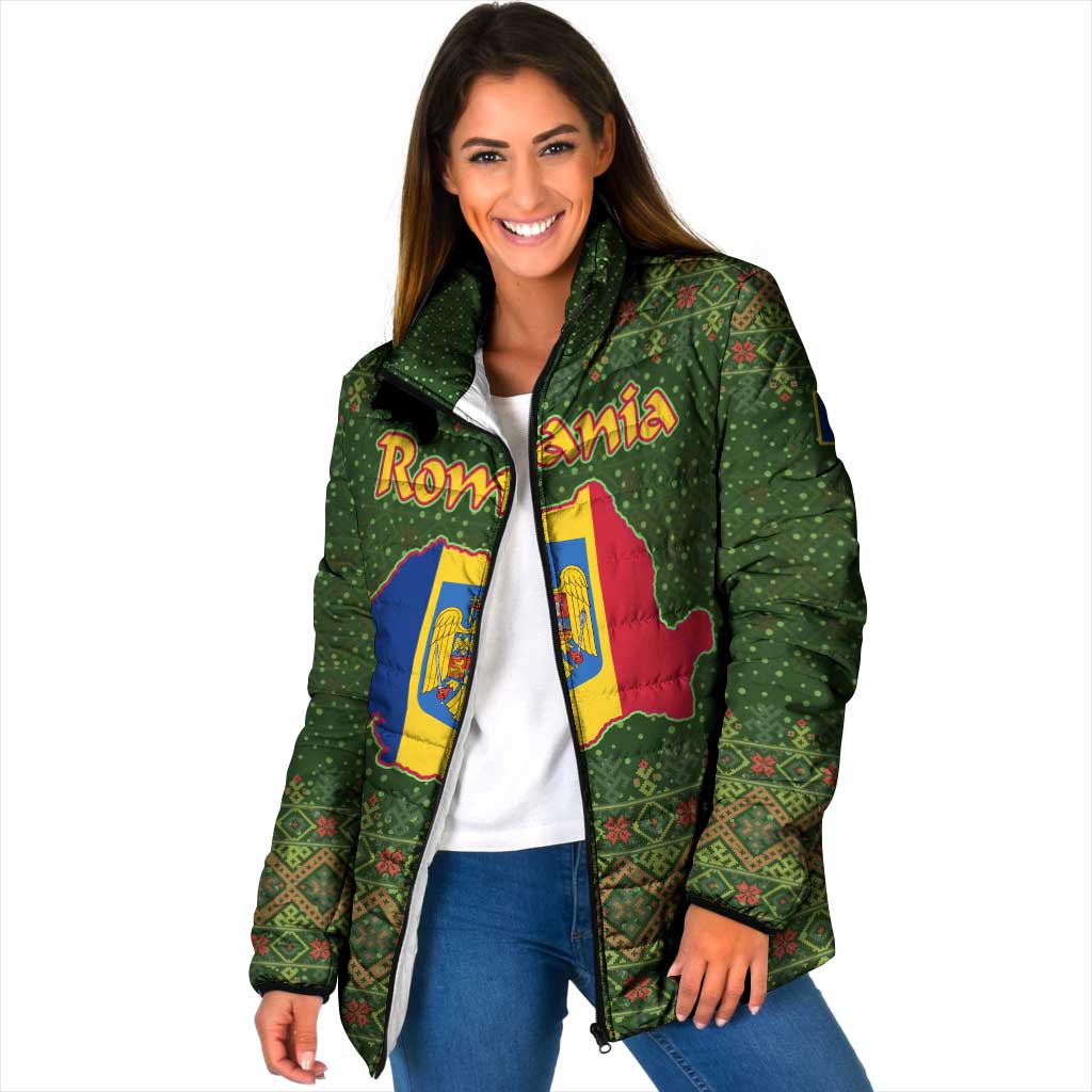 Romania Christmas Padded Jacket with Map Tricolor Flag Golden Eagle and Santa Motif - Wonder Print Shop