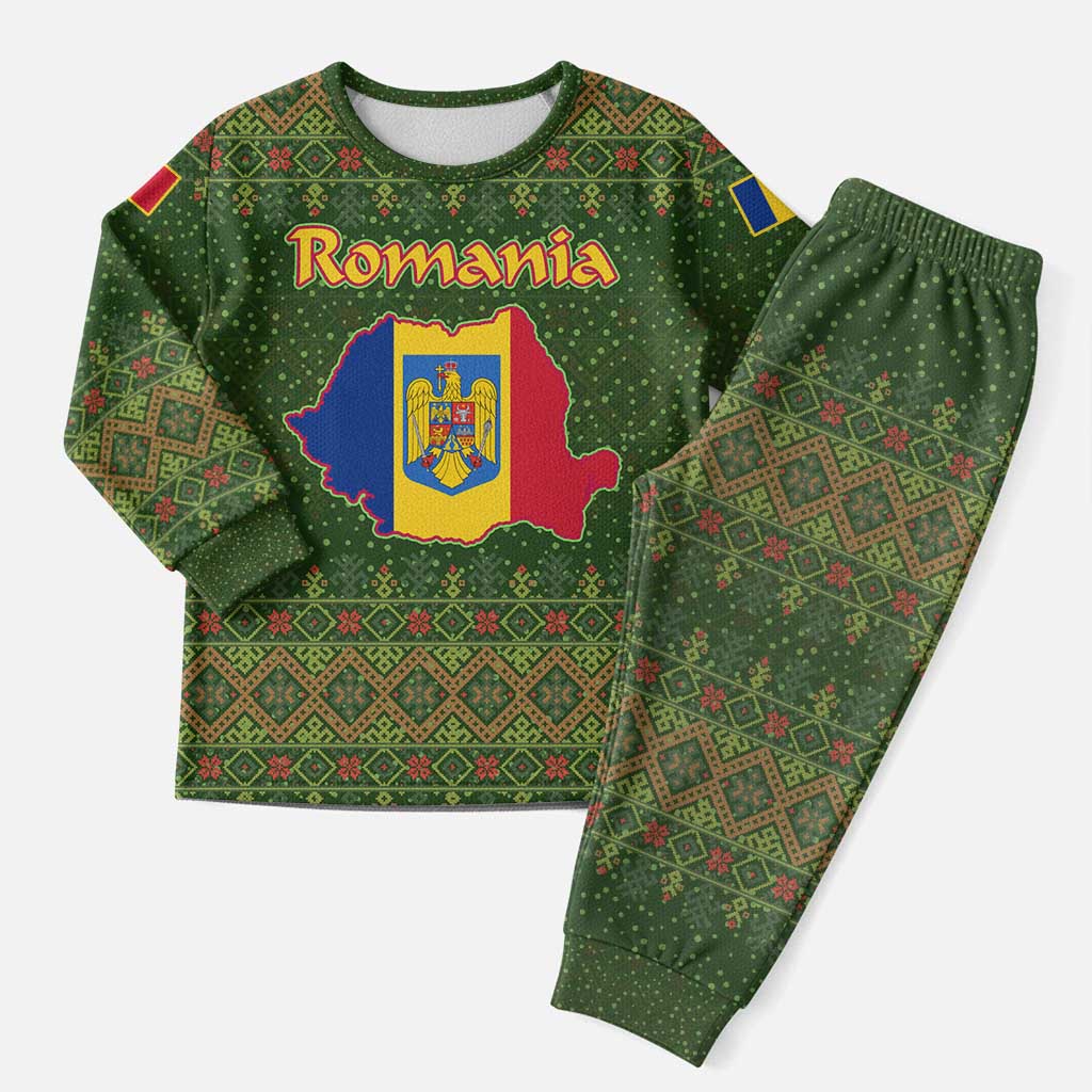 Romania Christmas Pajama Set with Map Tricolor Flag Golden Eagle and Santa Motif - Wonder Print Shop