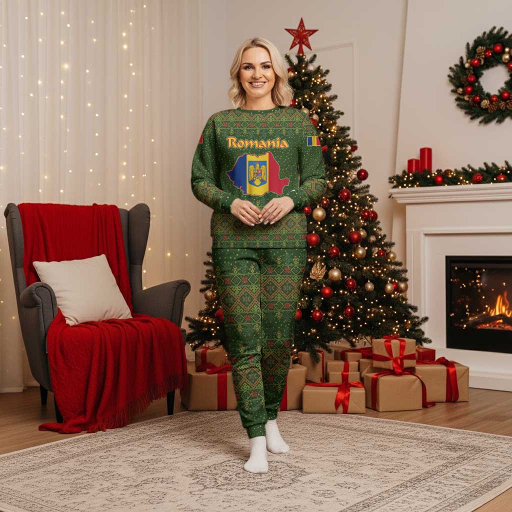 Romania Christmas Pajama Set with Map Tricolor Flag Golden Eagle and Santa Motif - Wonder Print Shop