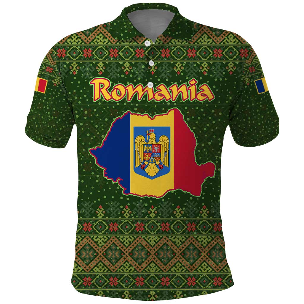 Romania Christmas Polo Shirt with Map Tricolor Flag Golden Eagle and Santa Motif - Wonder Print Shop