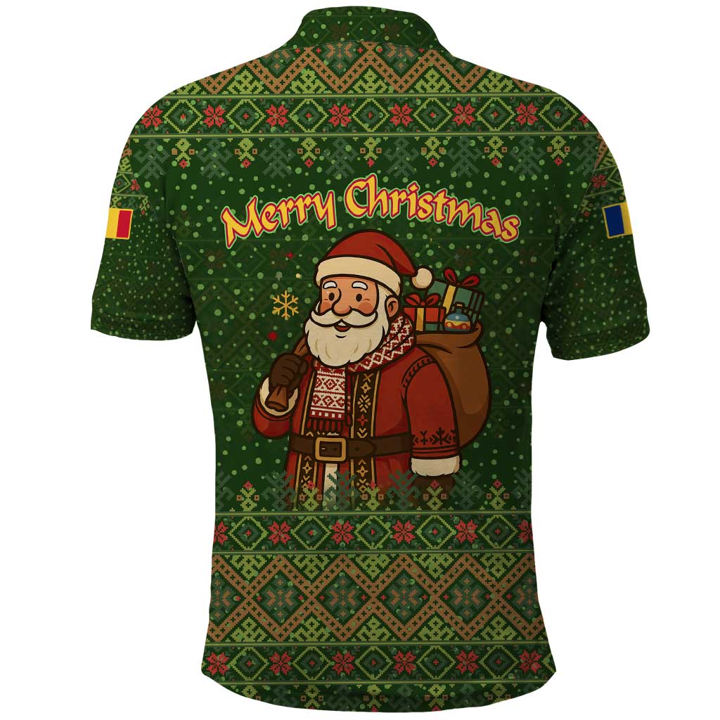 Romania Christmas Polo Shirt with Map Tricolor Flag Golden Eagle and Santa Motif - Wonder Print Shop