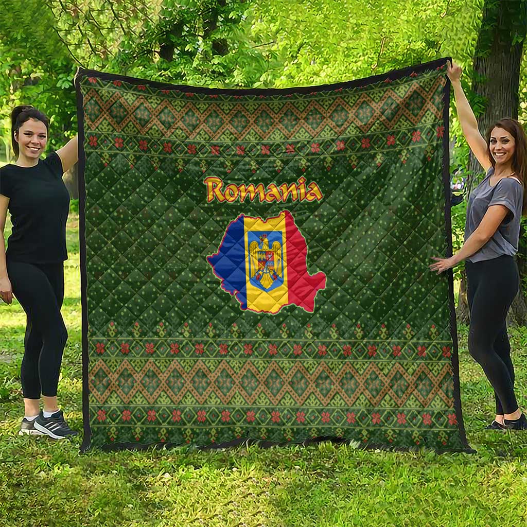 Romania Christmas Quilt with Map Tricolor Flag Golden Eagle and Santa Motif - Wonder Print Shop