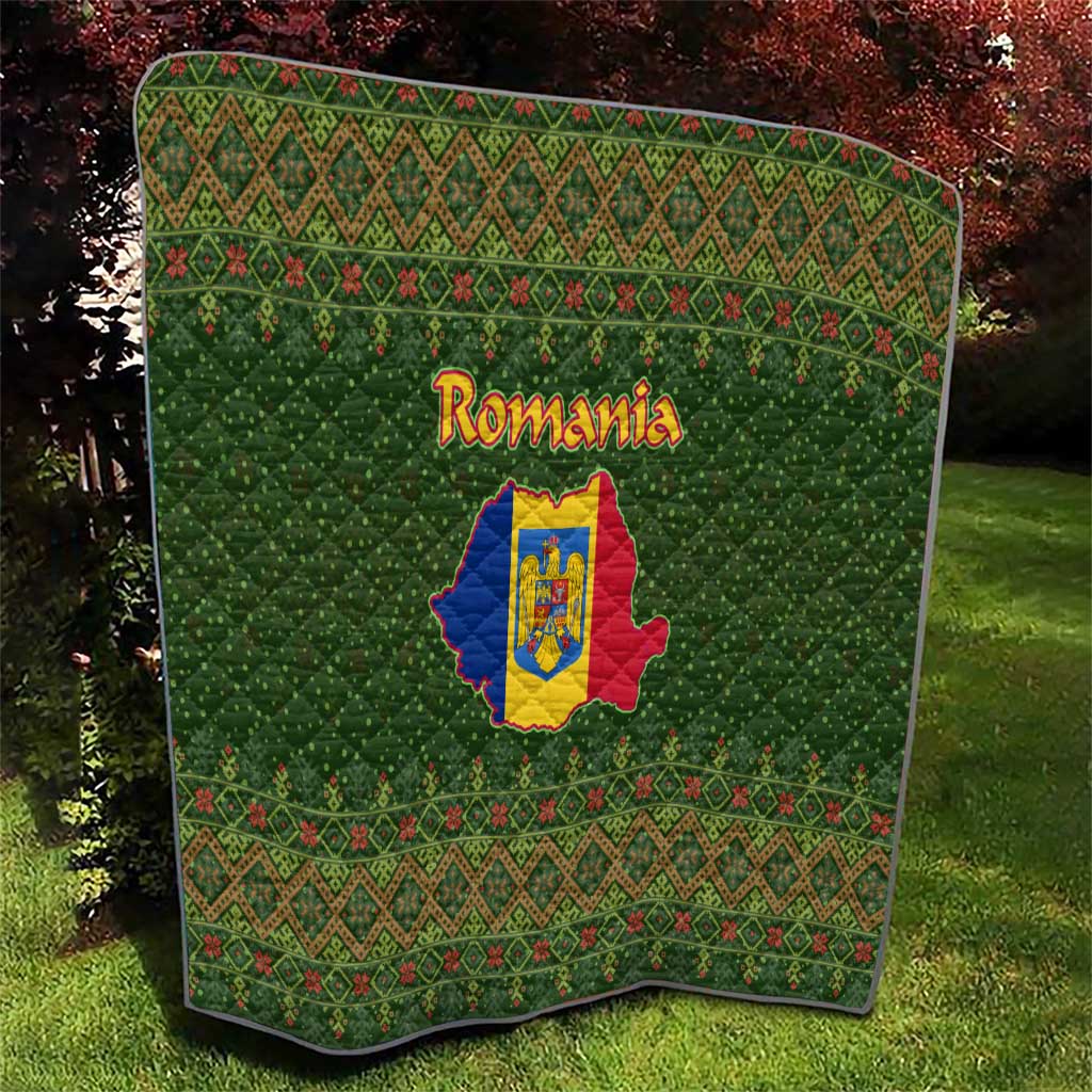 Romania Christmas Quilt with Map Tricolor Flag Golden Eagle and Santa Motif - Wonder Print Shop