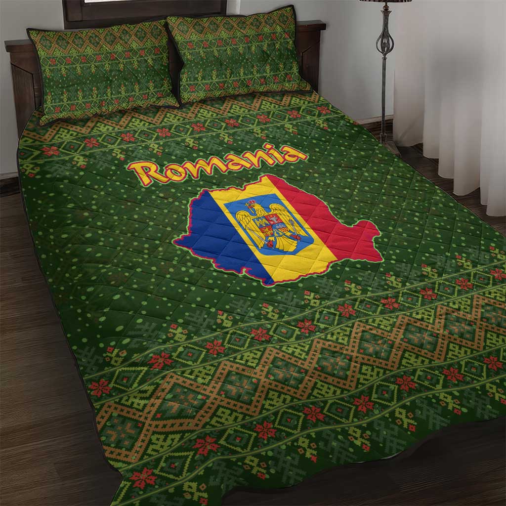 Romania Christmas Quilt Bed Set with Map Tricolor Flag Golden Eagle and Santa Motif - Wonder Print Shop