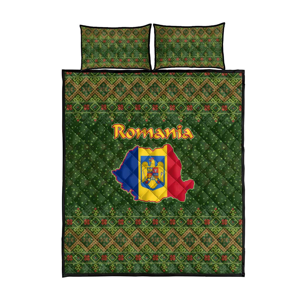 Romania Christmas Quilt Bed Set with Map Tricolor Flag Golden Eagle and Santa Motif - Wonder Print Shop