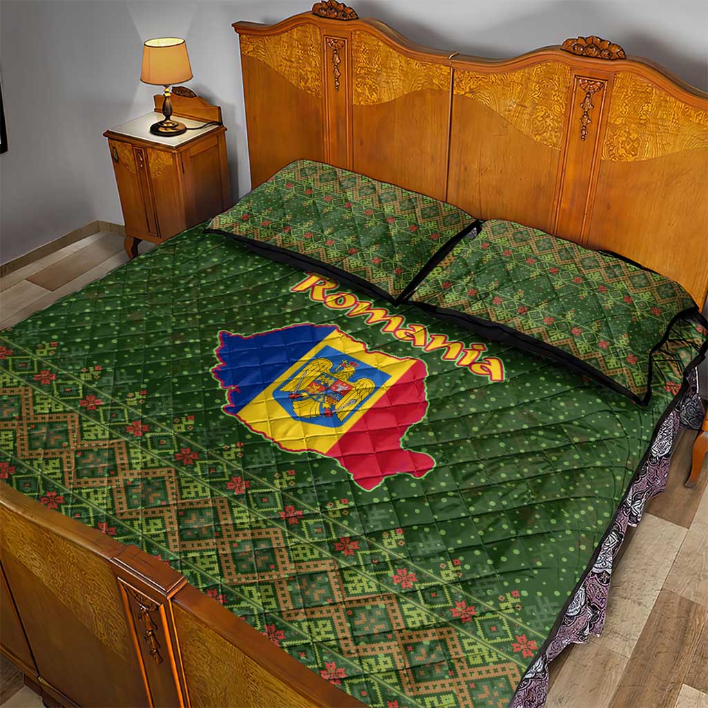 Romania Christmas Quilt Bed Set with Map Tricolor Flag Golden Eagle and Santa Motif - Wonder Print Shop