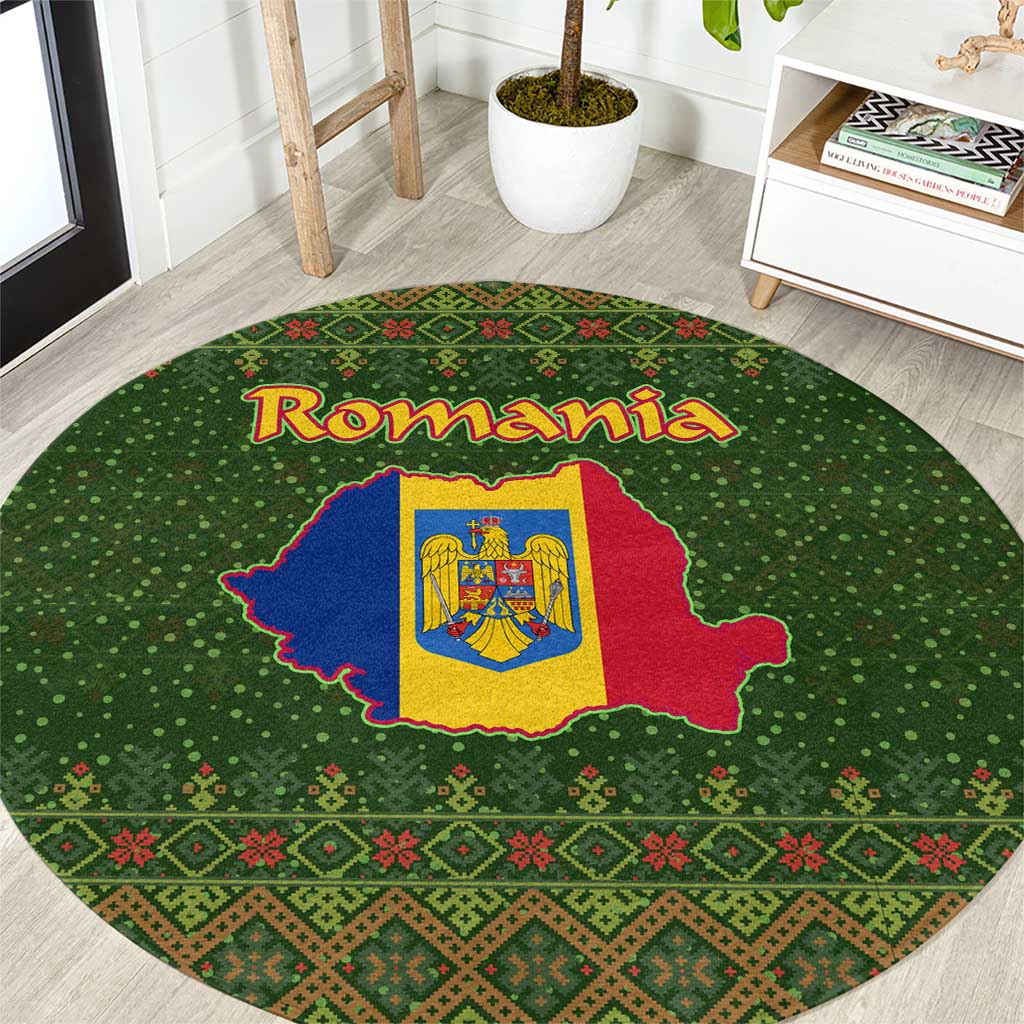 Romania Christmas Round Carpet with Map Tricolor Flag Golden Eagle and Santa Motif - Wonder Print Shop