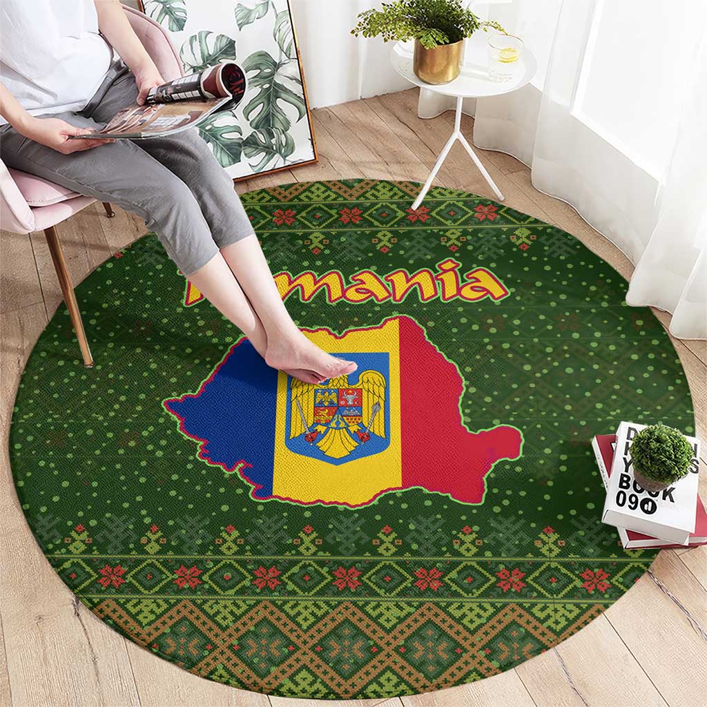 Romania Christmas Round Carpet with Map Tricolor Flag Golden Eagle and Santa Motif - Wonder Print Shop