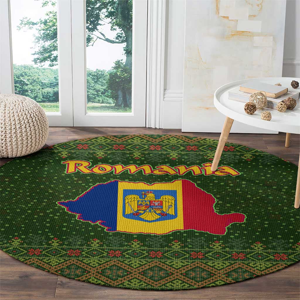 Romania Christmas Round Carpet with Map Tricolor Flag Golden Eagle and Santa Motif - Wonder Print Shop