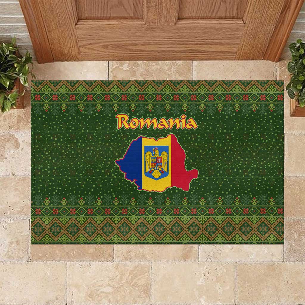Romania Christmas Rubber Doormat with Map Tricolor Flag Golden Eagle and Santa Motif - Wonder Print Shop