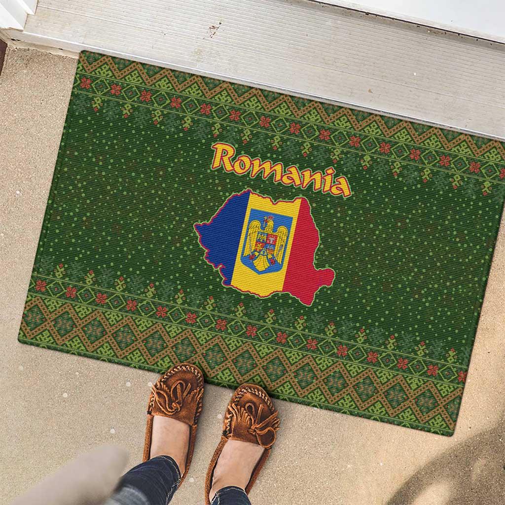 Romania Christmas Rubber Doormat with Map Tricolor Flag Golden Eagle and Santa Motif - Wonder Print Shop