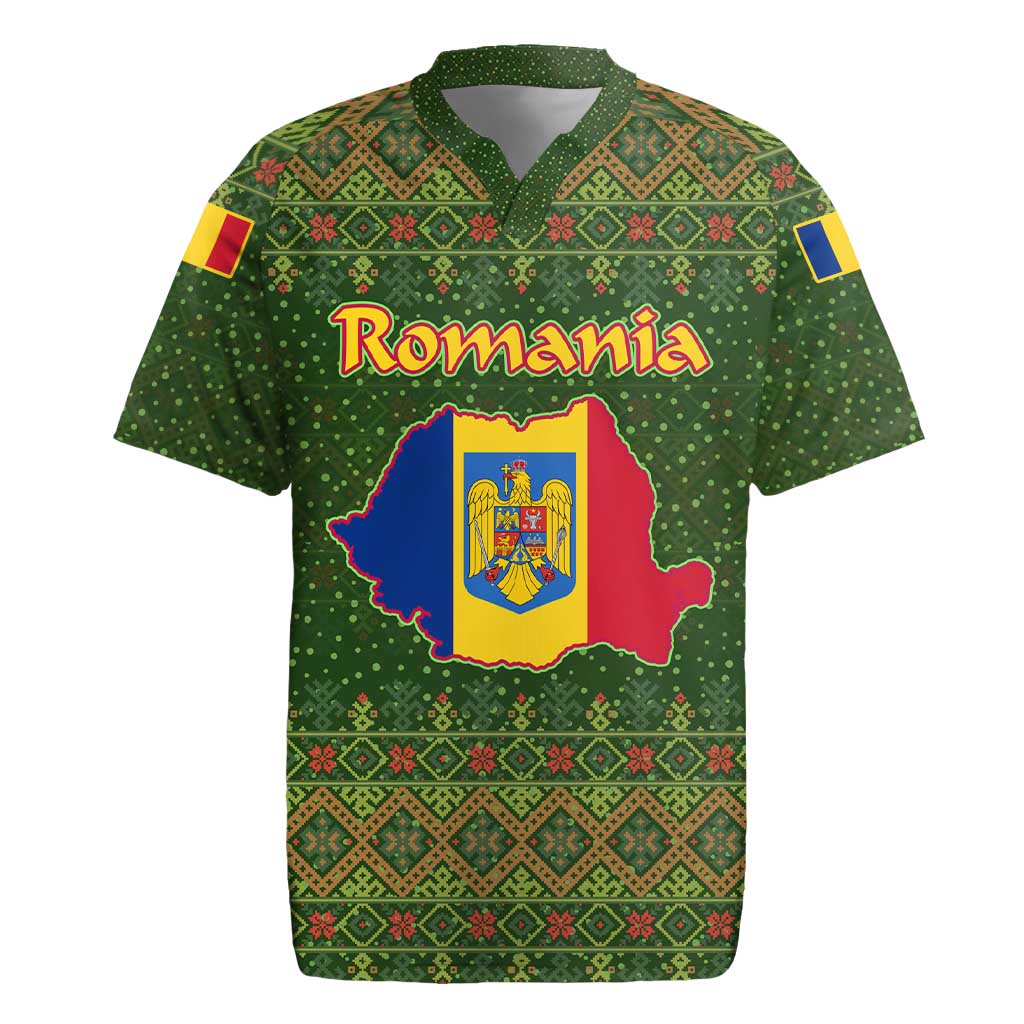Romania Christmas Rugby Jersey with Map Tricolor Flag Golden Eagle and Santa Motif - Wonder Print Shop