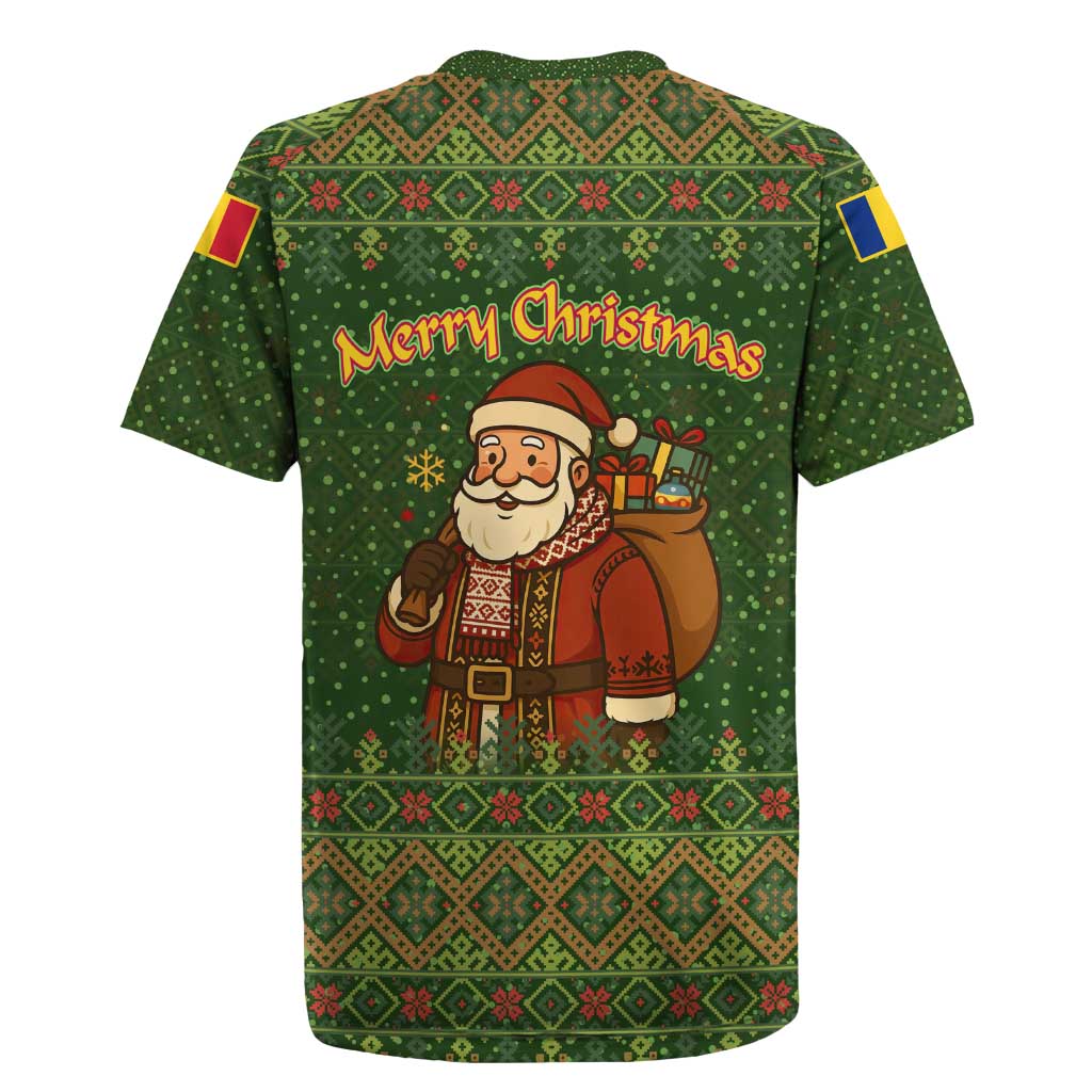 Romania Christmas Rugby Jersey with Map Tricolor Flag Golden Eagle and Santa Motif - Wonder Print Shop