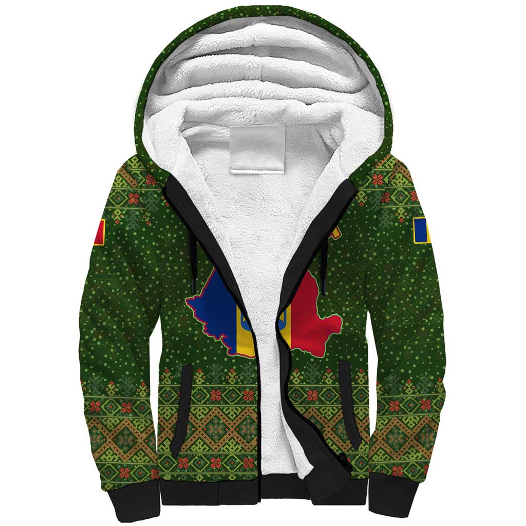 Romania Christmas Sherpa Hoodie with Map Tricolor Flag Golden Eagle and Santa Motif - Wonder Print Shop