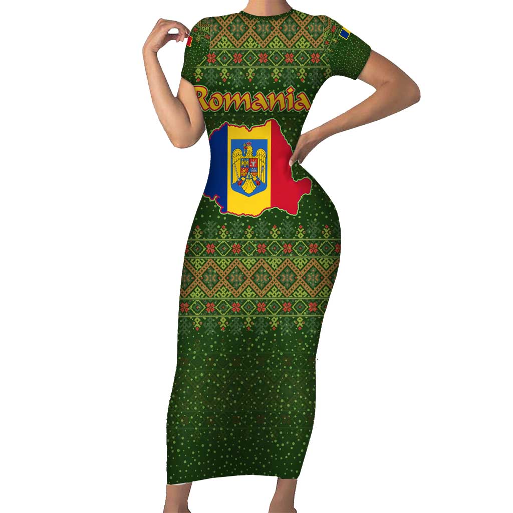 Romania Christmas Short Sleeve Bodycon Dress with Map Tricolor Flag Golden Eagle and Santa Motif - Wonder Print Shop