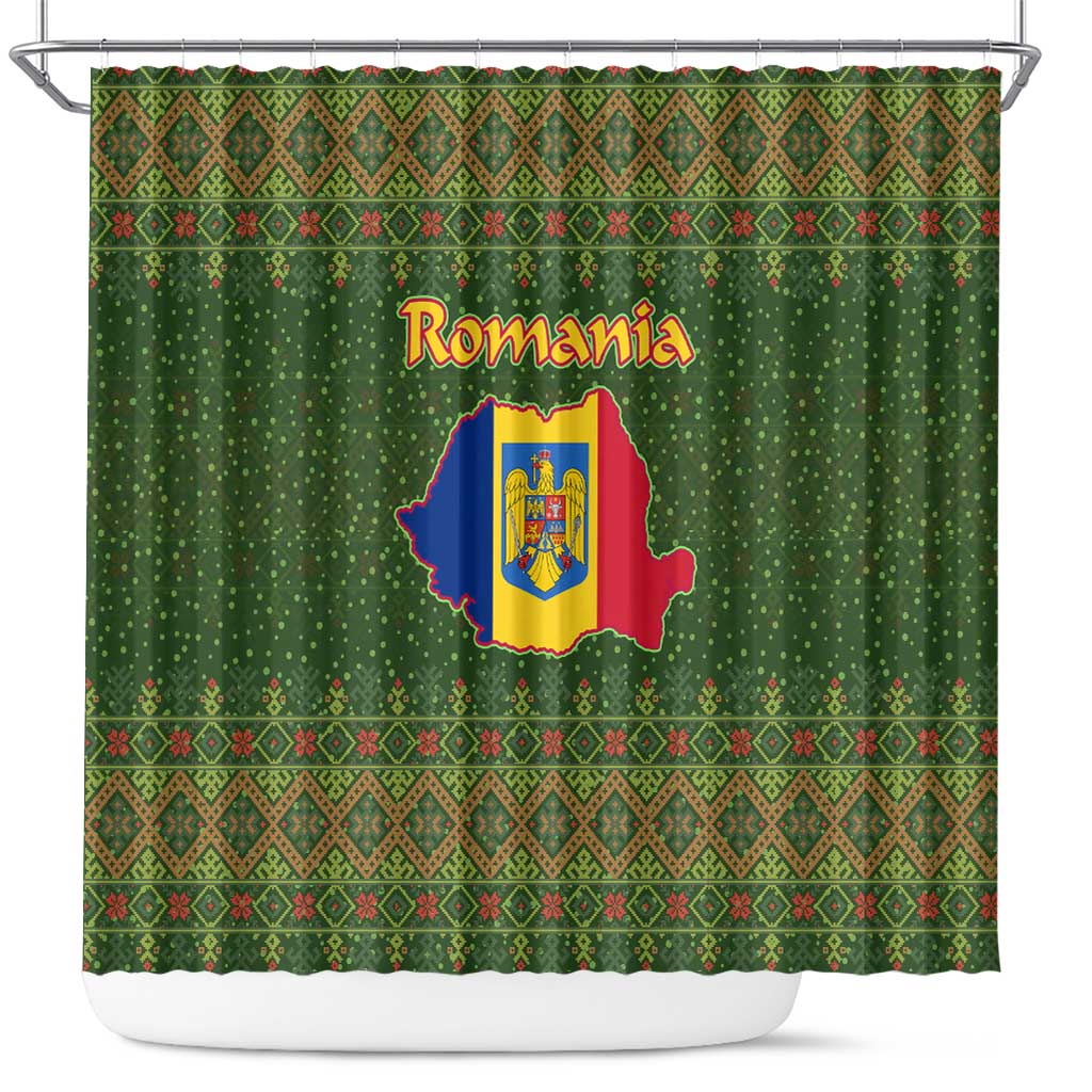 Romania Christmas Shower Curtain with Map Tricolor Flag Golden Eagle and Santa Motif - Wonder Print Shop