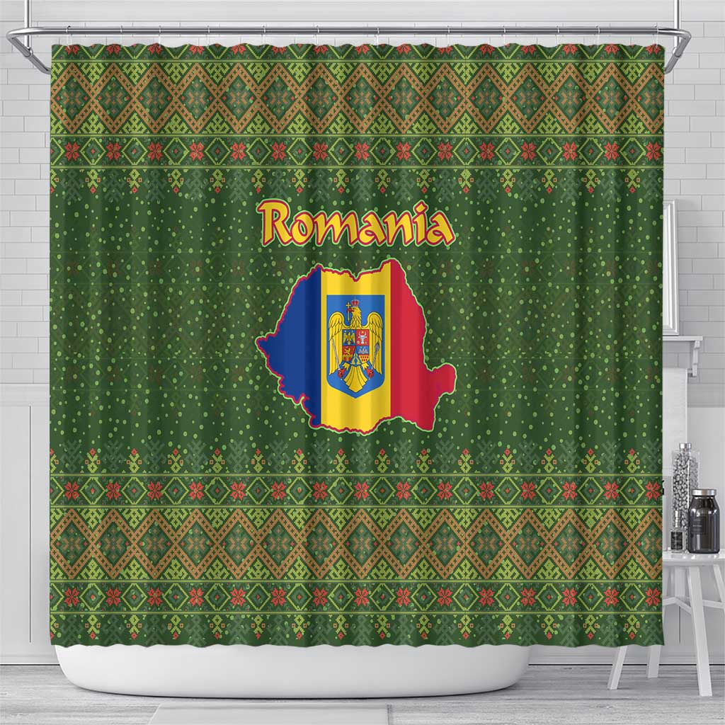 Romania Christmas Shower Curtain with Map Tricolor Flag Golden Eagle and Santa Motif - Wonder Print Shop
