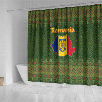 Romania Christmas Shower Curtain with Map Tricolor Flag Golden Eagle and Santa Motif - Wonder Print Shop