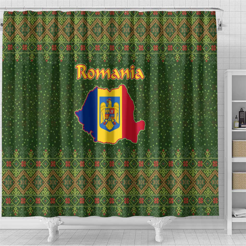 Romania Christmas Shower Curtain with Map Tricolor Flag Golden Eagle and Santa Motif - Wonder Print Shop