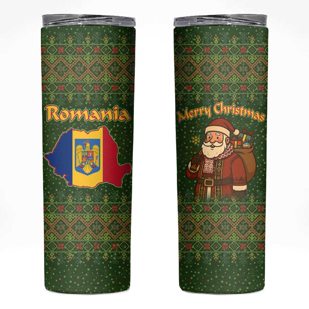Romania Christmas Skinny Tumbler with Map Tricolor Flag Golden Eagle and Santa Motif - Wonder Print Shop