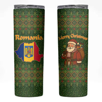 Romania Christmas Skinny Tumbler with Map Tricolor Flag Golden Eagle and Santa Motif - Wonder Print Shop