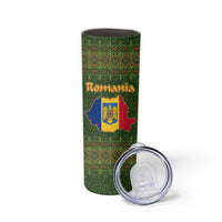Romania Christmas Skinny Tumbler with Map Tricolor Flag Golden Eagle and Santa Motif - Wonder Print Shop