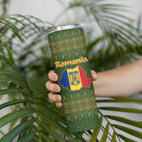 Romania Christmas Skinny Tumbler with Map Tricolor Flag Golden Eagle and Santa Motif - Wonder Print Shop