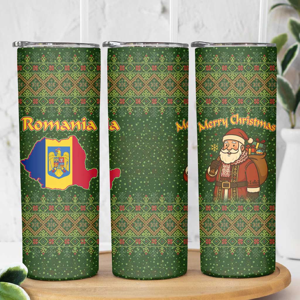 Romania Christmas Skinny Tumbler with Map Tricolor Flag Golden Eagle and Santa Motif - Wonder Print Shop