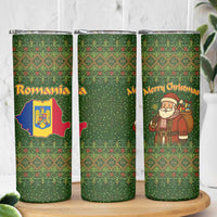 Romania Christmas Skinny Tumbler with Map Tricolor Flag Golden Eagle and Santa Motif - Wonder Print Shop
