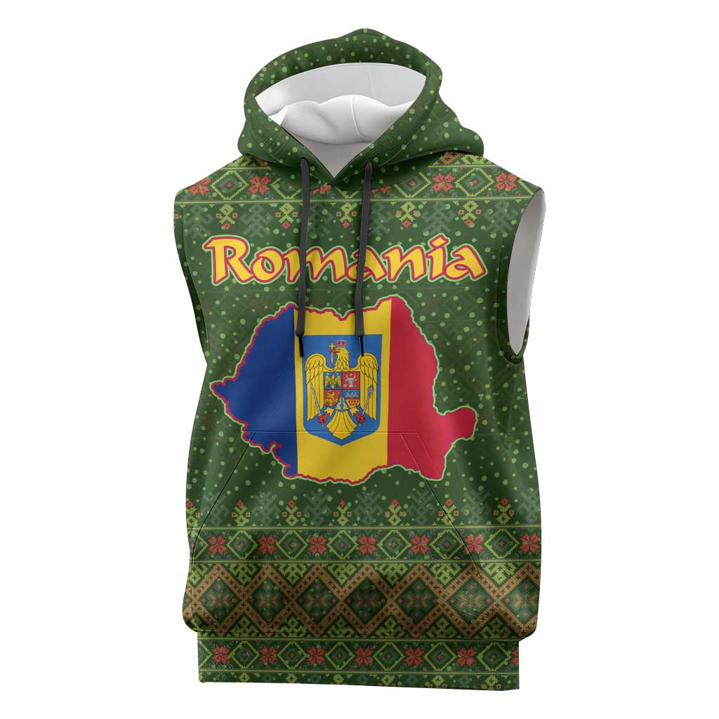 Romania Christmas Sleeveless Hoodie with Map Tricolor Flag Golden Eagle and Santa Motif - Wonder Print Shop