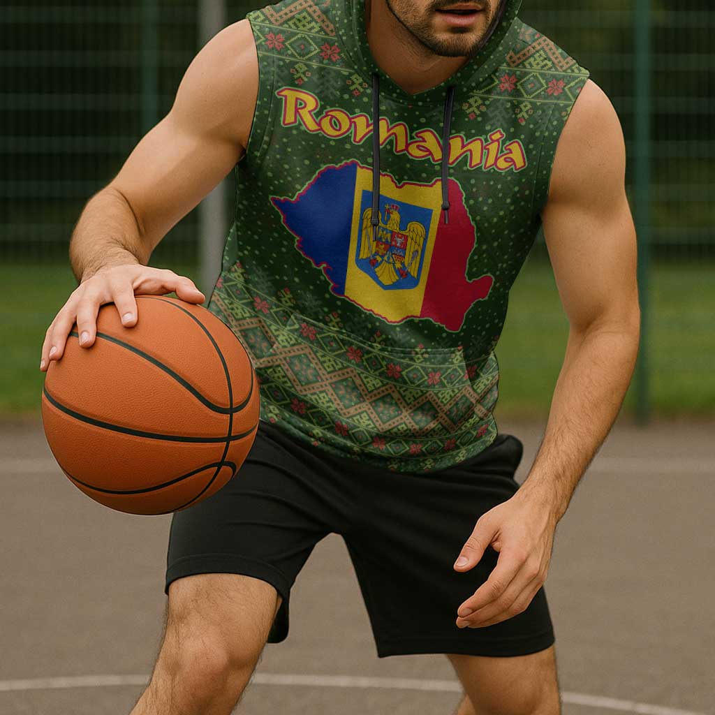Romania Christmas Sleeveless Hoodie with Map Tricolor Flag Golden Eagle and Santa Motif - Wonder Print Shop