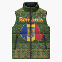 Romania Christmas Sleeveless Puffer Jacket with Map Tricolor Flag Golden Eagle and Santa Motif - Wonder Print Shop