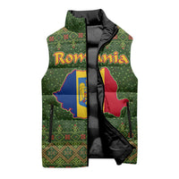 Romania Christmas Sleeveless Puffer Jacket with Map Tricolor Flag Golden Eagle and Santa Motif - Wonder Print Shop