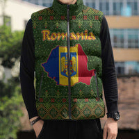 Romania Christmas Sleeveless Puffer Jacket with Map Tricolor Flag Golden Eagle and Santa Motif - Wonder Print Shop