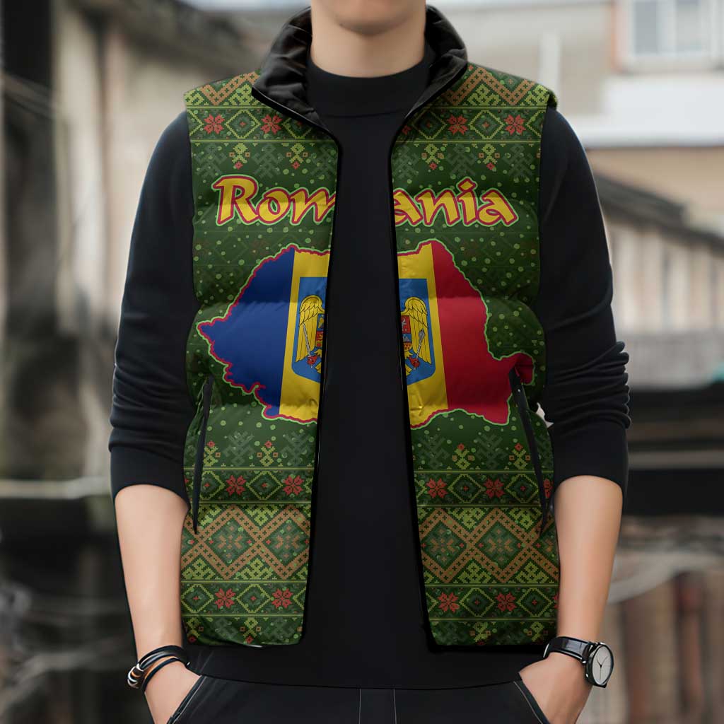 Romania Christmas Sleeveless Puffer Jacket with Map Tricolor Flag Golden Eagle and Santa Motif - Wonder Print Shop
