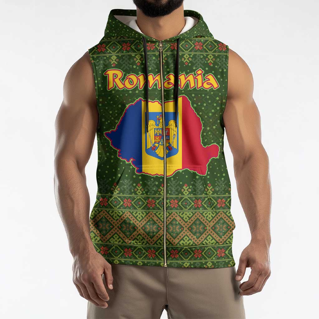 Romania Christmas Sleeveless Zip Hoodie with Map Tricolor Flag Golden Eagle and Santa Motif - Wonder Print Shop