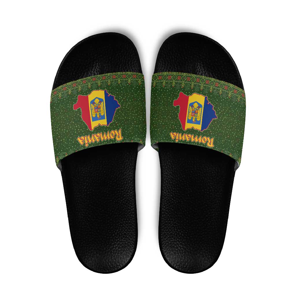 Romania Christmas Slide Sandals with Map Tricolor Flag Golden Eagle and Santa Motif - Wonder Print Shop
