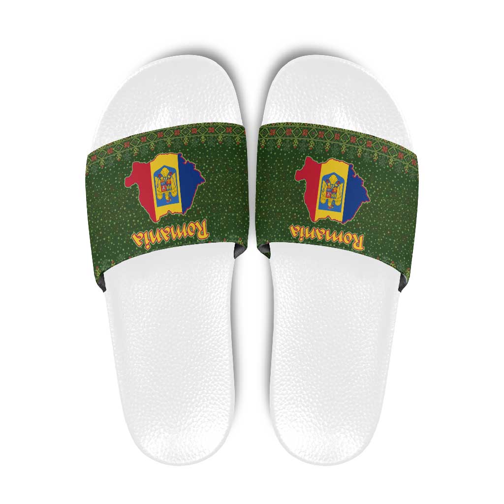 Romania Christmas Slide Sandals with Map Tricolor Flag Golden Eagle and Santa Motif - Wonder Print Shop