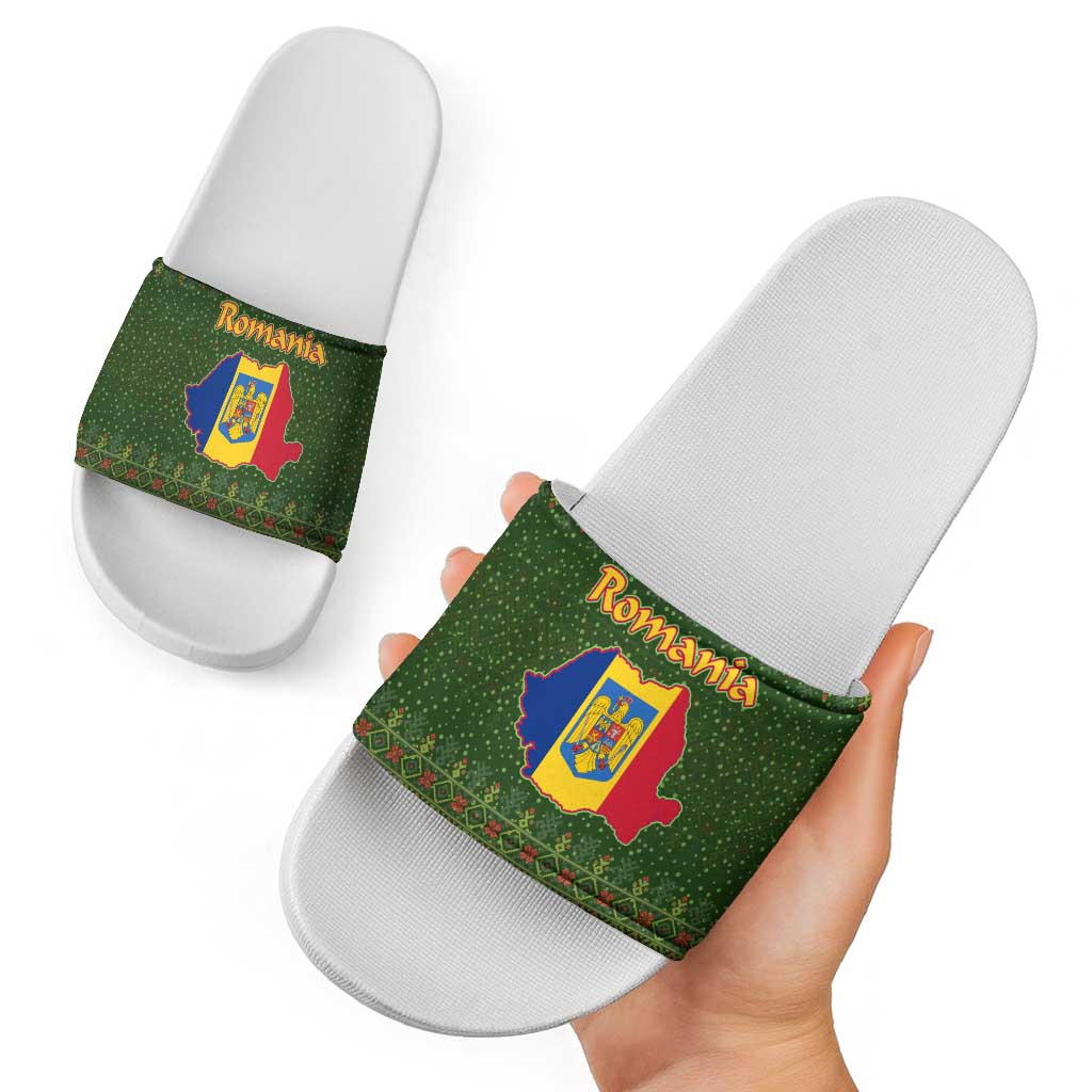 Romania Christmas Slide Sandals with Map Tricolor Flag Golden Eagle and Santa Motif - Wonder Print Shop