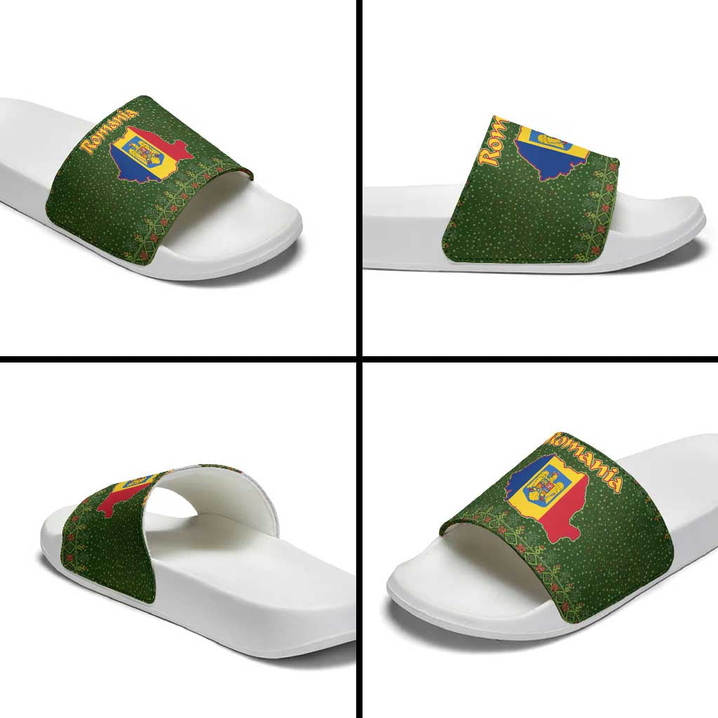 Romania Christmas Slide Sandals with Map Tricolor Flag Golden Eagle and Santa Motif - Wonder Print Shop