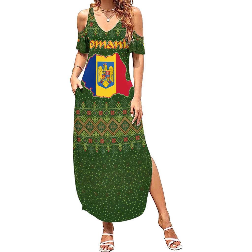 Romania Christmas Summer Maxi Dress with Map Tricolor Flag Golden Eagle and Santa Motif - Wonder Print Shop